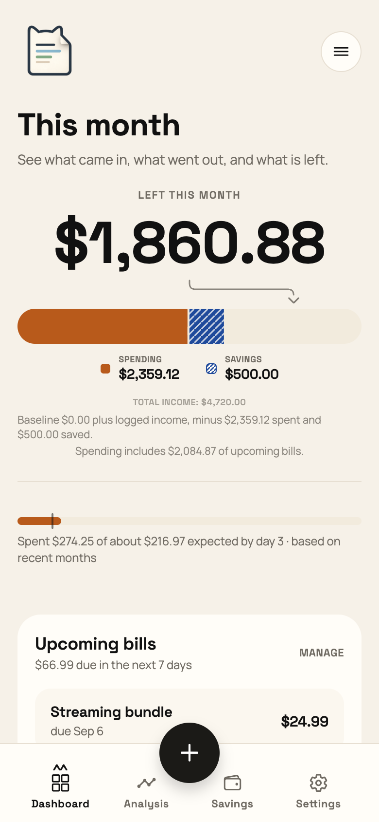 The BudgetCat dashboard showing the amount left this month, a spending and savings breakdown, and upcoming bills.