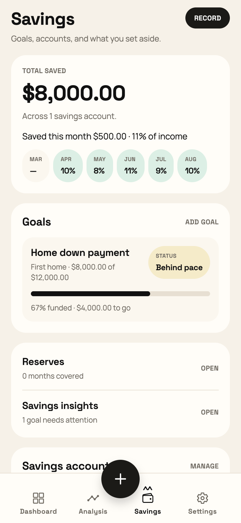 The Savings screen, showing total saved, a monthly savings rate history, and goal progress.